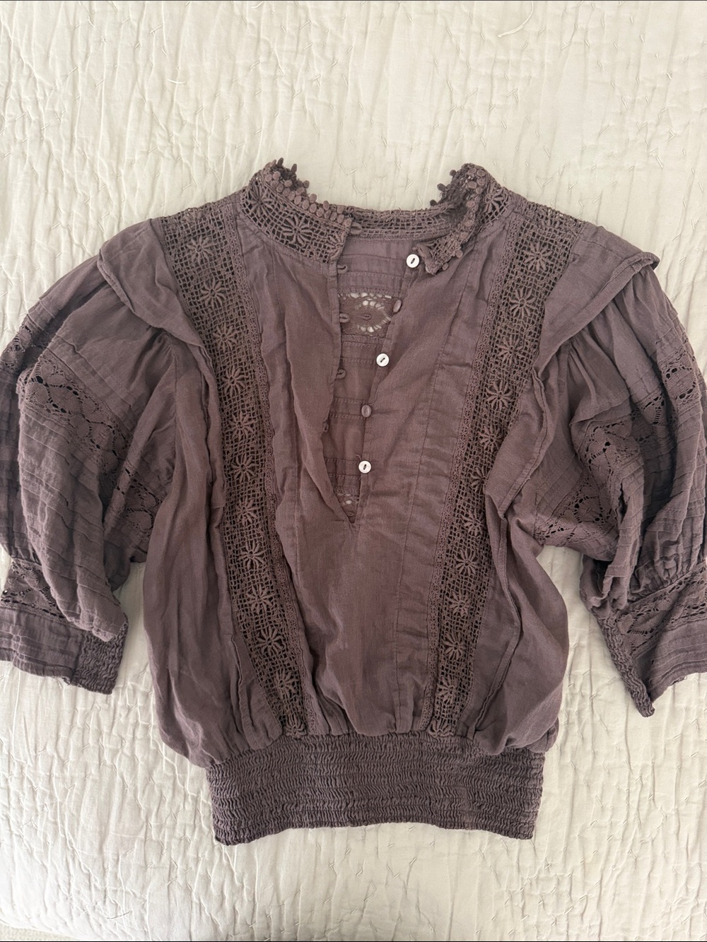 Free People Brownish Purple Lace-Trim Peasant Blouse - Women's Top BOHO western - Picture 4 of 7